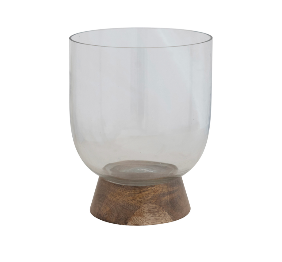 Glass & Mango Wood Footed Vase/Hurricane/Candle Holder