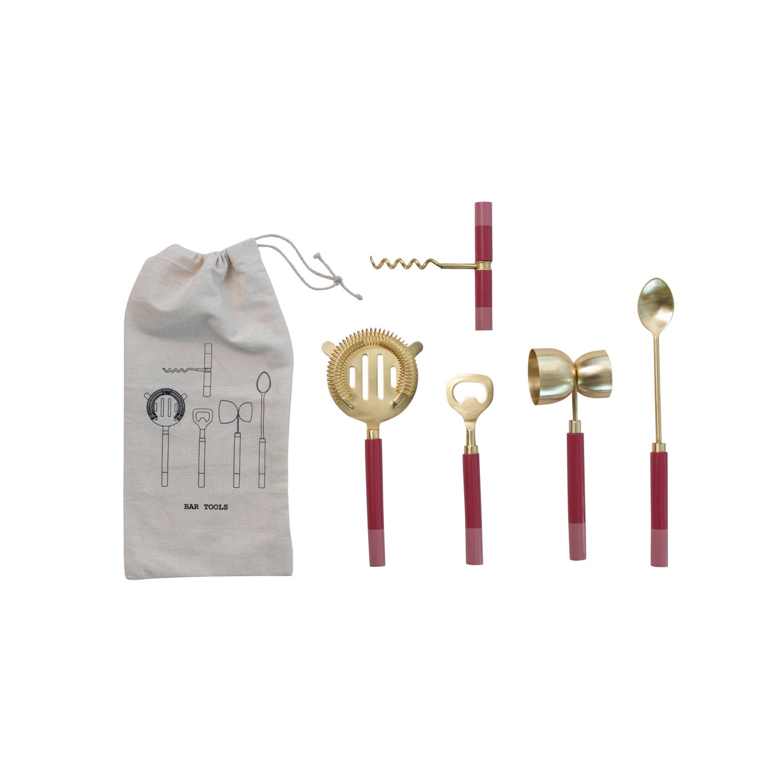 Stainless Steel Bar Tools w/ Resin Handles, Brass Finish and Pink, Set of 5 in Drawstring Bag