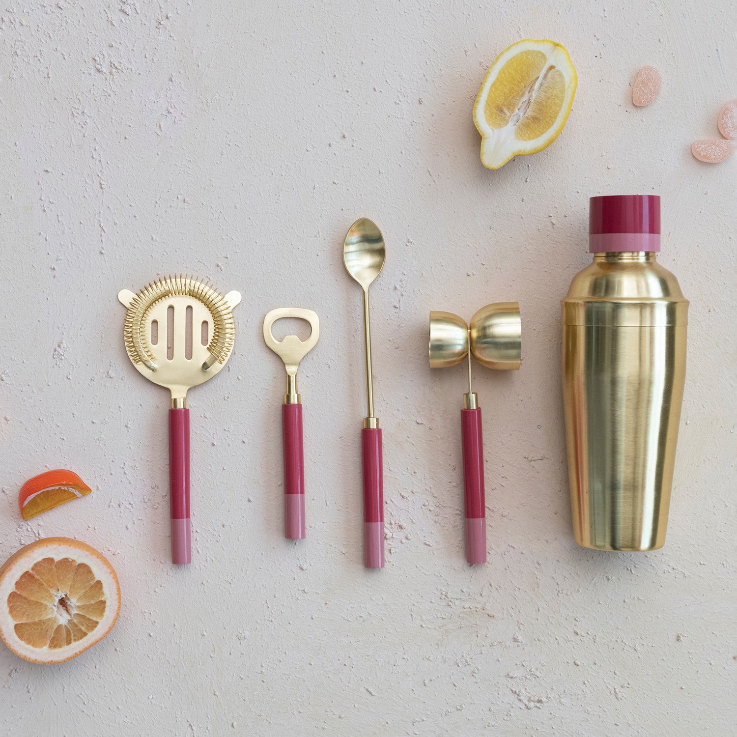 Fun, Moderate Stainless Steel Cocktail Shaker w/ Resin Top, Brass Finish and Pink